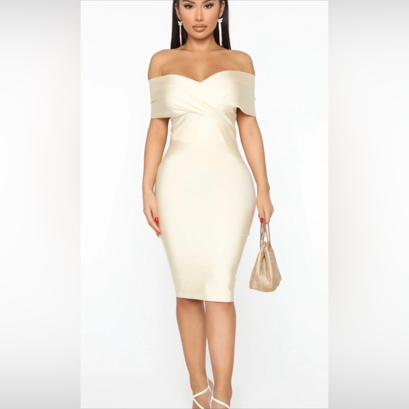 NWT FashioNova Dolled Up For You Bandage Midi Dress Ivory Small - Picture 1 of 11
